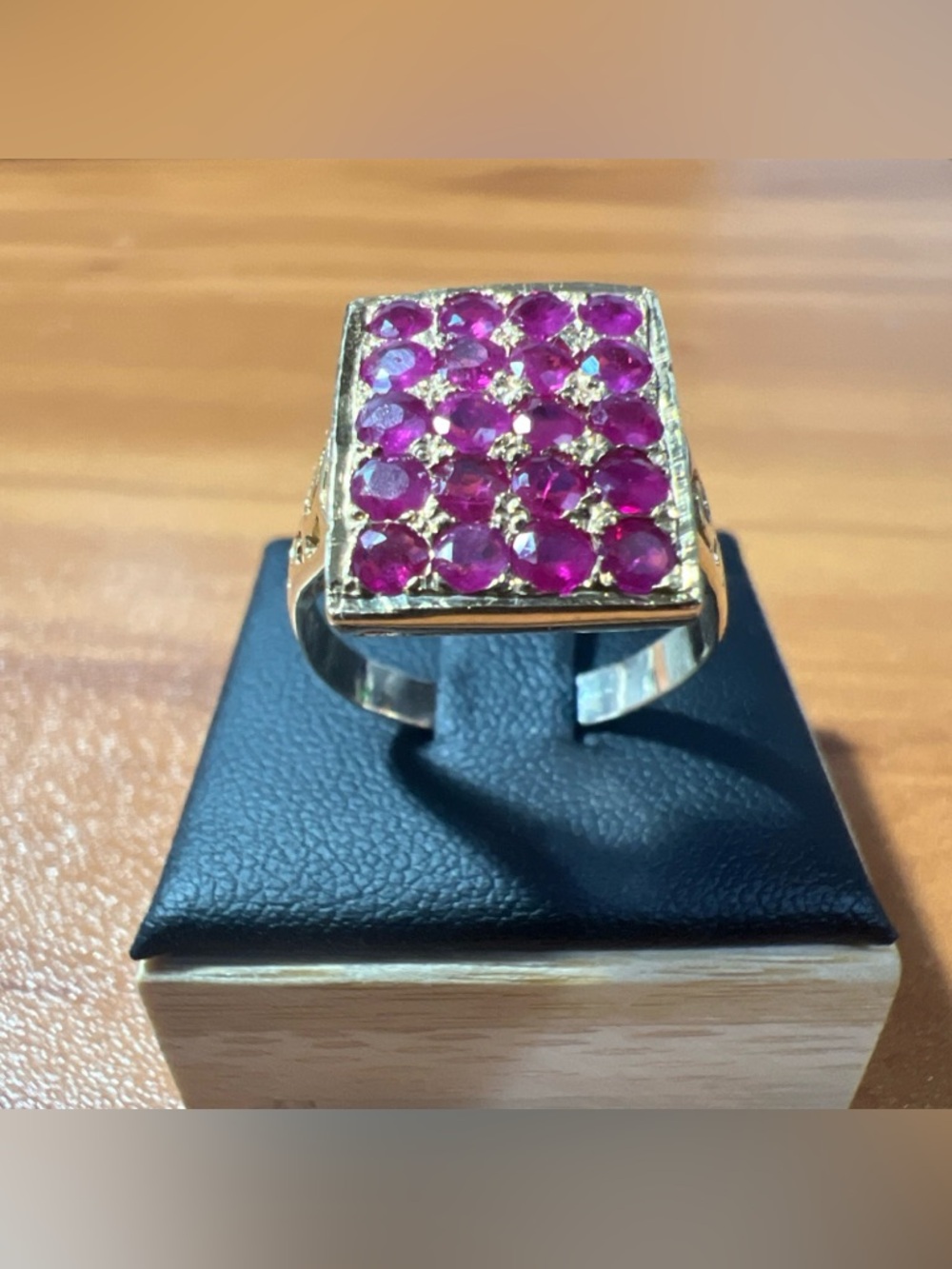 Vintage Estate 14k Yellow Gold Square Top Cluster Ruby Ring 20 Rubies Size 9
